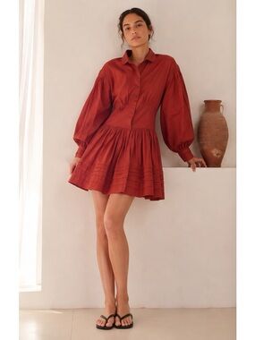 Merlette Taylor Poplin Blouson Sleeve Mini Shirt Dress in Terracotta Size 2